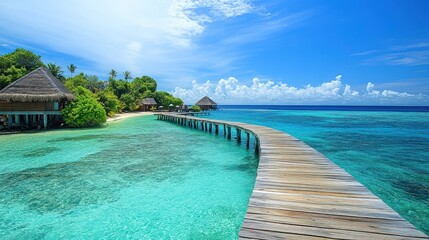Fototapeta premium Wooden walkway to tropical overwater bungalows on a pristine beach with turquoise ocean.