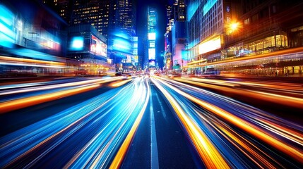 cars speeding down a crowded Manhattan street, motion blur effect, vibrant city lights, dynamic digital art, isolated on white background