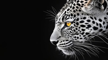 Obraz premium black and white leopard portrait, serene yet fierce, fine digital texture, deep contrast on black background, danger aura, isolated on black