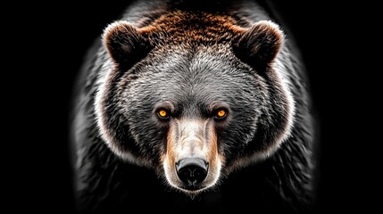 Fototapeta premium Black background portrait of Kamchatka bear, front view, black and white, capturing raw intensity of predator eyes, predator series theme