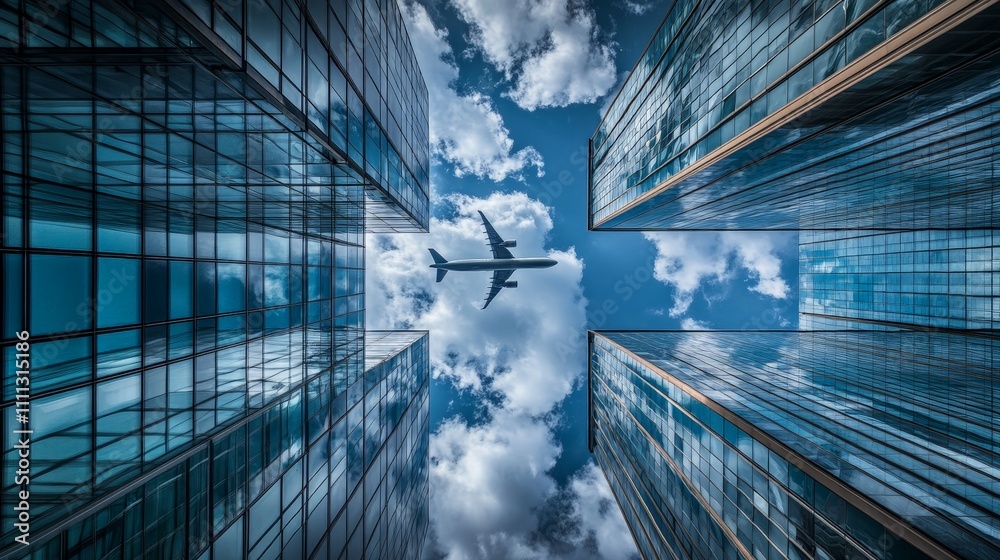 Wall mural Crystal-clear photograph of an airplane soaring above urban glass skyscrapers under a sunny, blue sky with clouds