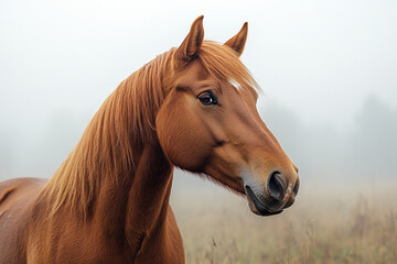 Fototapeta premium Chestnut Horse Portrait In Misty Field