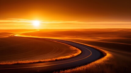 Fototapeta premium A tranquil country road winding through fields of gold, soft sunlight and mist rising from the earth, evoking early morning serenity. Serene road, Morning calm