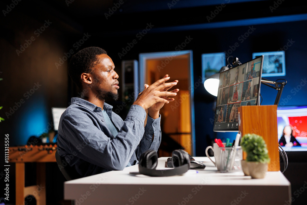 Wall mural management team collaborating online via videoconference, addressing complications remotely via web 