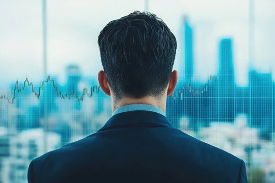 Financial advisor evaluating market trends in a modern digital office overlooking the city business environment professional insight urban viewpoint strategic planning