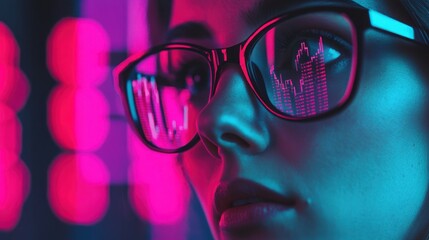 Futuristic financial scene financial advisor analyzing data in a high-tech office urban environment close-up perspective investment insights