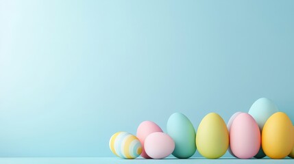 A blue background with a bunch of colorful eggs