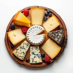 Wooden platter with various kinds of cheeses isolated on white background