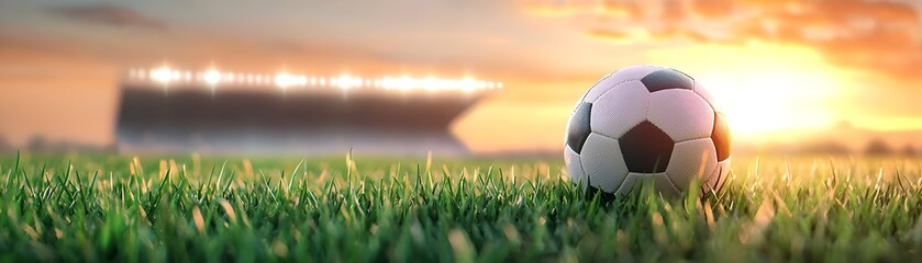Fototapeta premium Soccer ball on vivid green field, blades of grass textured, stadium stands in soft focus, evening sky with fading sunlight, ready for game