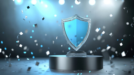 Fototapeta premium shining blue glass trophy shield placed on podium, surrounded by confetti, symbolizes achievement and celebration. vibrant colors and spotlight create festive atmosphere