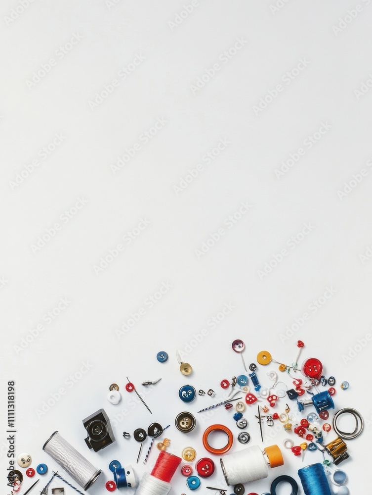 Aufkleber colorful sewing essentials including needles, threads, and buttons are neatly arranged on a white ba