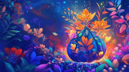 A vibrant, magical scene featuring a glowing, floral orb surrounded by colorful foliage, set against a mystical blue background.