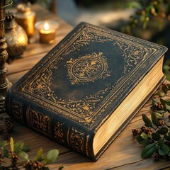 Fototapeta premium Antique Book with Intricate Gold Embellishments and Worn Leather Binding