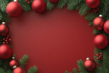 Festive Christmas background with red ornaments and green pine branches, creating warm and joyful atmosphere for holiday season