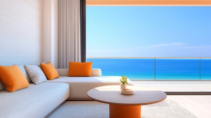 Relaxing Open-Plan Suite with Ocean View Balcony, Cozy Sofa, and Coffee Table