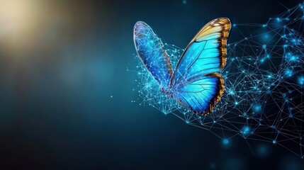 A butterfly is flying through a web of lines and dots