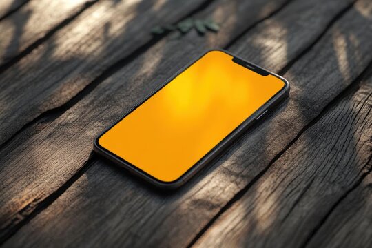 Smartphone with Yellow Screen on Wooden Table