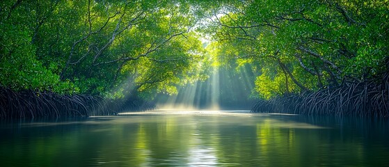Fototapeta premium A serene view of a lush mangrove forest with sunlight streaming through the dense green canopy, reflecting off the tranquil water surface.
