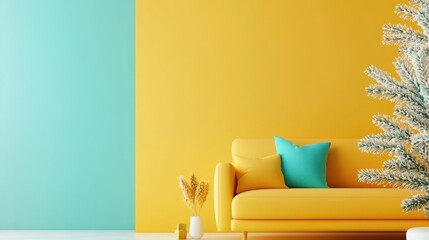 A yellow couch sits in front of a blue wall