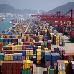 Fototapeta premium Global Trade Port Containers, Cranes, and Coastal Cityscape