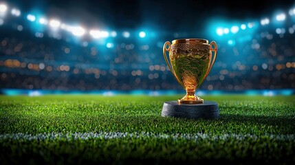A gold cup sits on a rock on a field