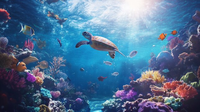 An immersive underwater scene with vibrant coral reefs, marine life like fish and sea turtles, and soft light filtering through clear water, highlighting the beauty and fragility of ocean ecosystems.