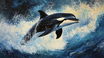 Obraz premium Orca dolphin leaping, ocean waves, vibrant painting.