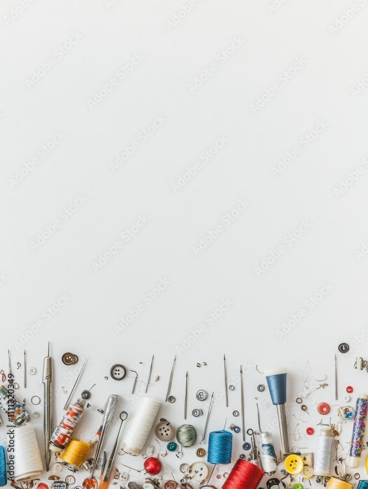 Poster An assortment of sewing essentials including needles, threads, and buttons is neatly placed on a white surface, leaving open space for notes. Generative AI