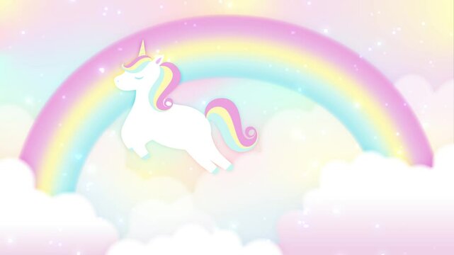 Animated background with a flying unicorn and rainbow in cloudy sky