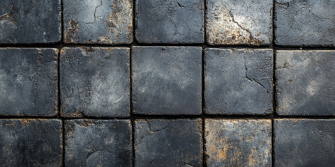 Naklejka premium Dark asphalt slabs arranged in grid pattern, showcasing texture and wear. surface displays cracks and dirt, highlighting passage of time and use