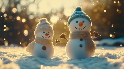 Obraz premium The two snowmen come in different sizes, shapes, and decorations. The children are wearing white, beige, and light blue clothes and gloves. There is a winter snowfield and fluffy snowflakes