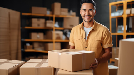 Nice man holding cardboard box, concept of delivery