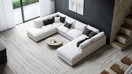 High-angle perspective of a freshly updated basement space with a modern design, featuring a spacious white sectional and sleek gray-toned wood-look flooring