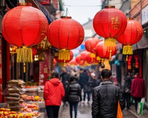 Obraz premium Festive lantern parade celebration traditional market cultural event urban setting street view community spirit