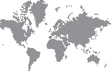 A vector world map created from black circular shapes, featuring a unique and modern design. The minimalist concept is perfect for infographics, presentations, web design, and creative projects. Easil