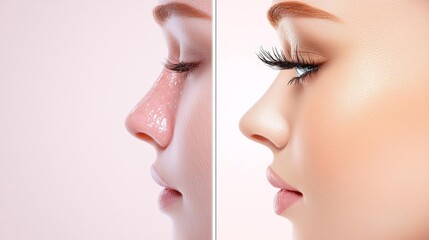 Obraz premium Portrait of a woman with one side showcasing raw, natural skin and the other side showcasing an idealized, filtered version