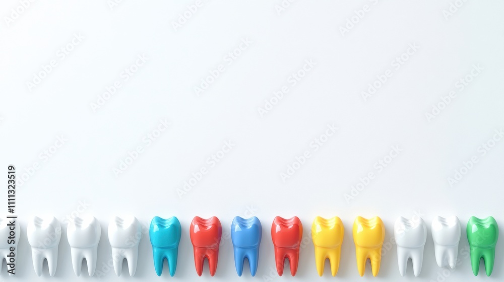 Poster colorful dental implants are displayed among healthy teeth in a clean layout, allowing for additiona