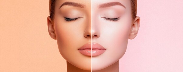 Split portrait of a woman s face left side with natural skin texture and right side with a flawless, airbrushed appearance