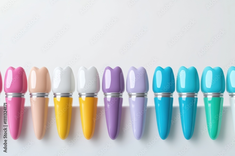 Poster Schematic displays a row of colorful dental implants integrated with healthy teeth set against a clean white background, allowing for text addition. Generative AI