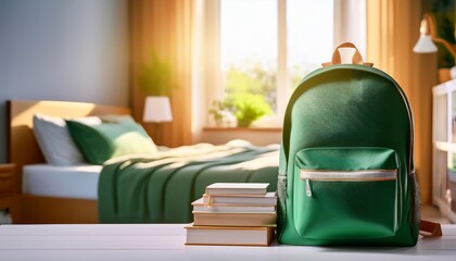Dark Green School Backpack with Books on the Clean Table in Blured Kid Bed Room Background. Back to School Concept. Banner with Copy Space.