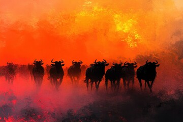 Naklejka premium Silhouetted wildebeests against a fiery sunset, creating a dramatic and atmospheric scene.