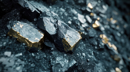 Rich vanadium ore with metallic luster on dark rocky surface, showcasing unique texture and color contrast of minerals