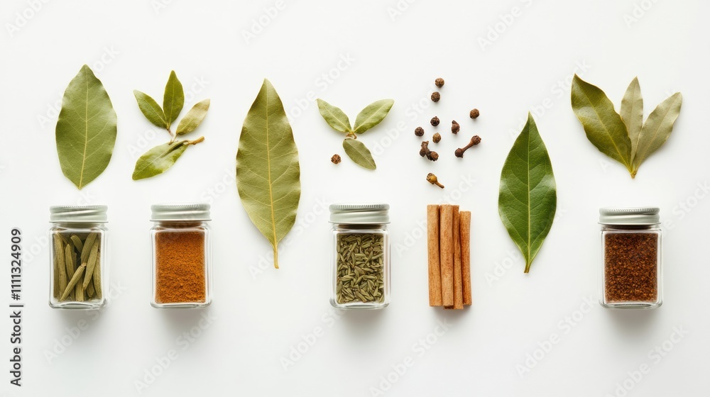 Aufkleber Small jars filled with vibrant spices, complemented by fresh bay leaves and cinnamon sticks, create an aromatic display on a clean surface. Generative AI