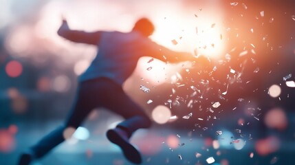 Naklejka premium Man joyfully leaping, sunset background, celebrating success.