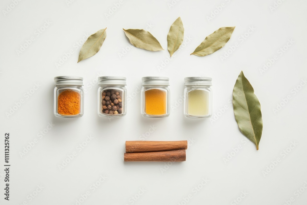 Poster Brightly colored spices are displayed in jars alongside bay leaves and cinnamon sticks, providing an aromatic touch and blank space for creativity. Generative AI