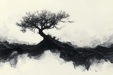 Bare Tree Stands Above Dark Abstract Landscape