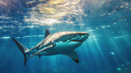 Fototapeta premium Majestic great white shark swimming gracefully in clear blue ocean waters, showcasing its powerful presence and beauty