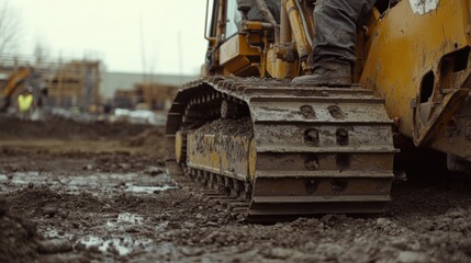 A close-up of a construction worker operating a bulldozer to level ground for a new industrial park, Industrial park construction scene, Earth-moving expertise style