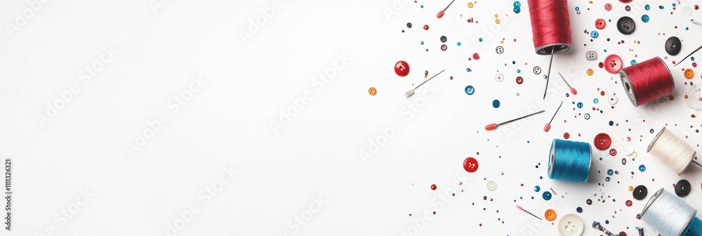 Aufkleber sewing tools like colorful threads, needles, and buttons scattered on a clean white background, prov