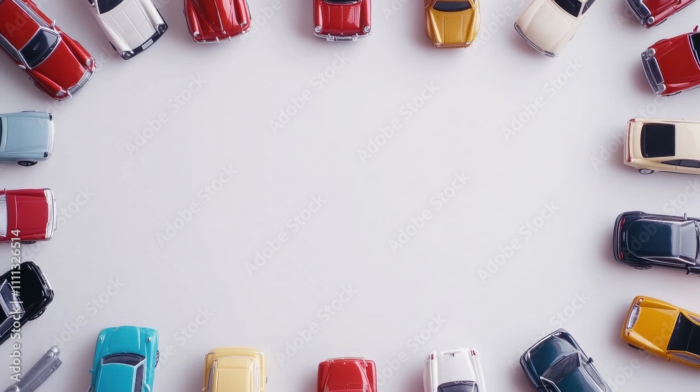 Poster Various miniature car models are meticulously arranged on a white background, creating an inviting setup with room for additional text. Generative AI